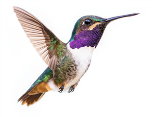 Fototapeta premium Close-Up of Colorful Hummingbird in Mid-Air Against White Background. Vibrant hummingbird with iridescent plumage gracefully hovering in mid-flight