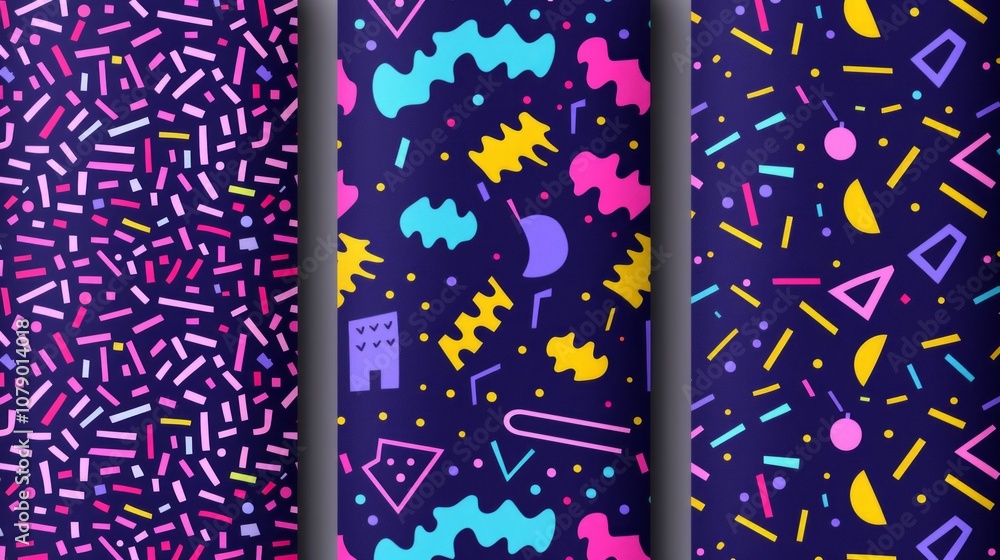 Aufkleber set of three abstract geometric seamless patterns in retro 80s style.