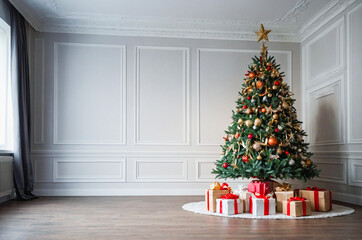 Decorated Christmas tree with holiday presents in modern white room.