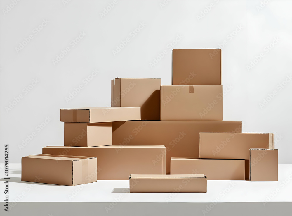 Poster stacked cardboard boxes on a white background, showing various sizes and shapes.