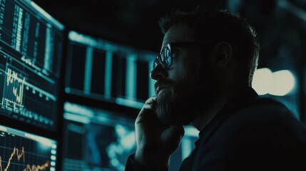 A man is looking at a computer screen with a frown on his face. Man analyzing stock market data.