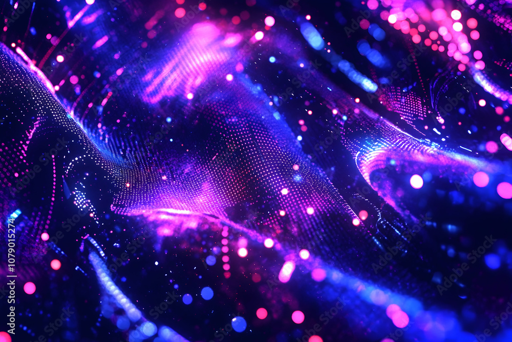 Poster futuristic digital background with colorful light particles and neon data visualization