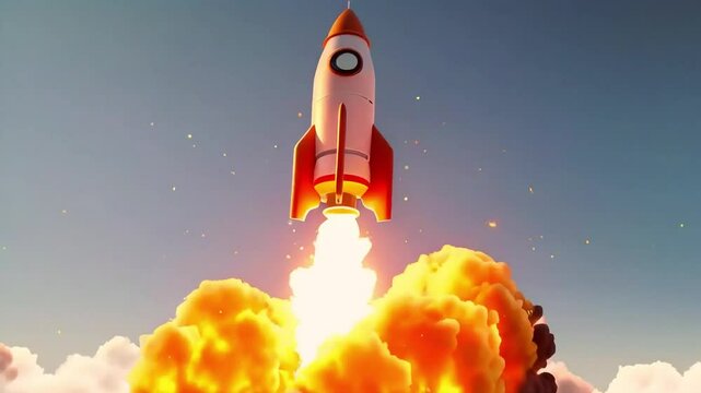 A red and white rocket with orange flame blasts off against a blue sky with clouds.
