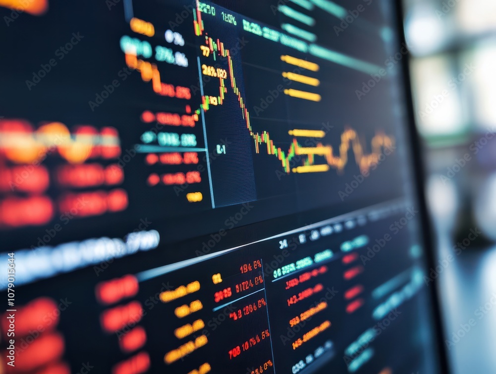 Poster close-up of a digital screen displaying financial stock market data with graphs and analytics, illus