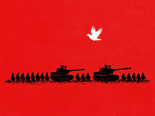 A stark image juxtaposing tanks and soldiers against a vibrant red background, symbolizing conflict, peace, and the pursuit of freedom with a white dove flying above.