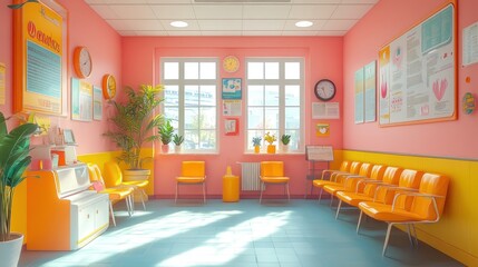 Bright waiting room with orange chairs and plants, inviting atmosphere.