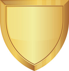 Gold shield shape. 3D golden emblem shield on white background. icon security, power, protection. Badge shape shield Vector illustration