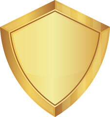 Gold shield shape. 3D golden emblem shield on white background. icon security, power, protection. Badge shape shield Vector illustration