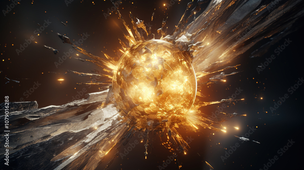 Poster abstract explosion in space with rocks and stones burst in flame, sci-fi and technology background
