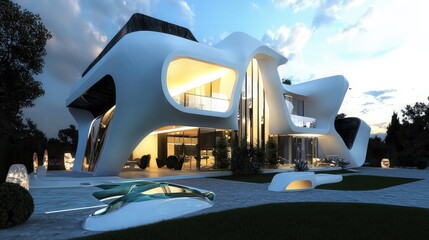 Fototapeta premium Modern, futuristic, white, curved, and sleek house exterior with large windows and a paved driveway at dusk.