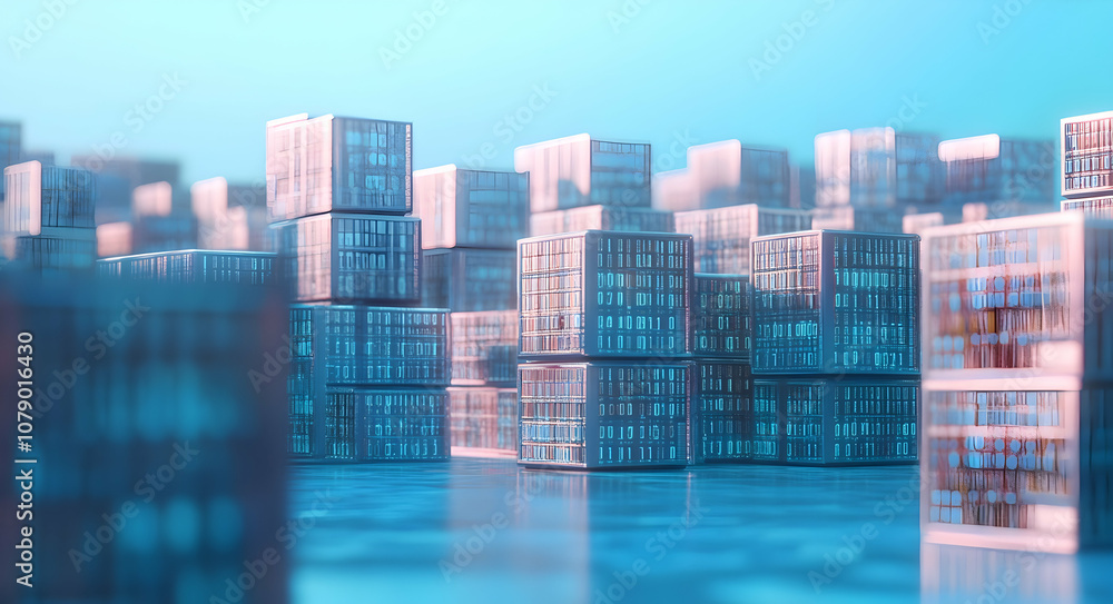 Poster 3d render of computer code warehouses on a blue background for software development