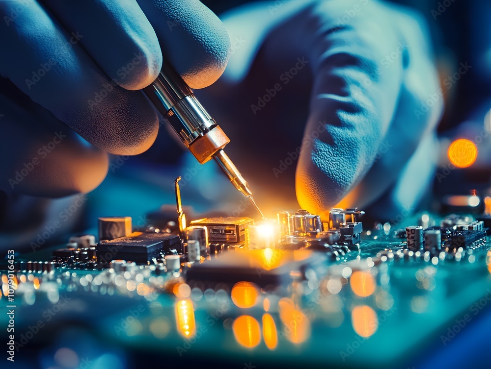 Aufkleber close-up of a skilled technician repairing electronic circuit board with precision tools in a bright