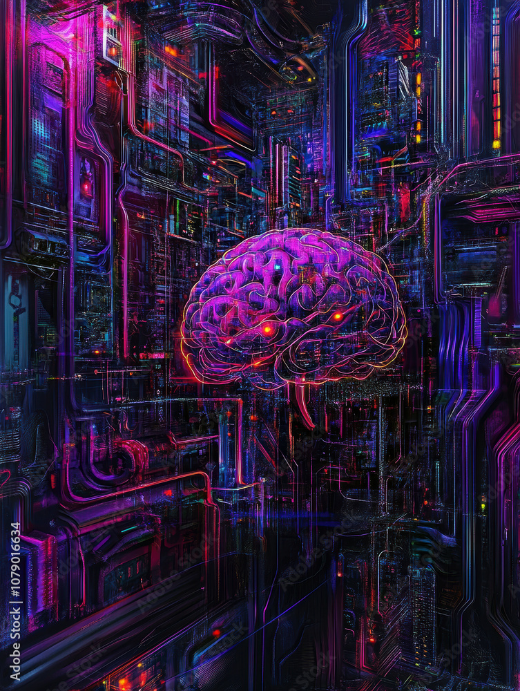 Poster a mesmerizing fusion of technology and consciousness, this vibrant digital artwork depicts a glowing