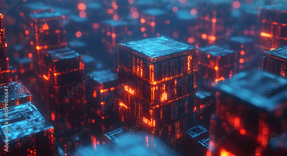 Poster 3d render of computer code warehouses on a blue background for software development