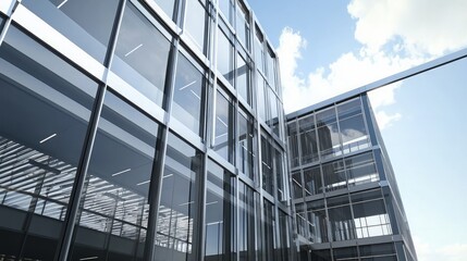 Obraz premium Modern glass building exterior with blue sky and clouds in the background.