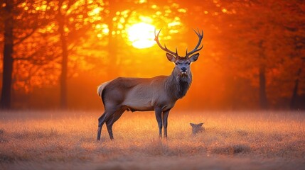 Majestic red deer stag with antlers standing in a field during a golden sunset.