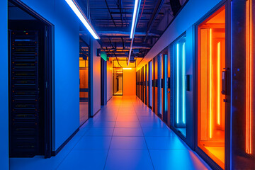 Fototapeta premium Futuristic data center with illuminated servers and floating lines of code