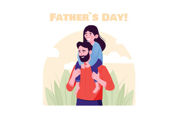 A joyful illustration of a father carrying his daughter on his shoulders. They share a happy moment outdoors with a bright background. Vector illustration