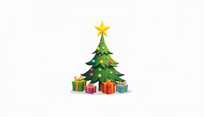 Obraz premium A beautifully decorated Christmas tree illustration with a shining golden star on top, surrounded by colorful gift boxes tied with ribbons.