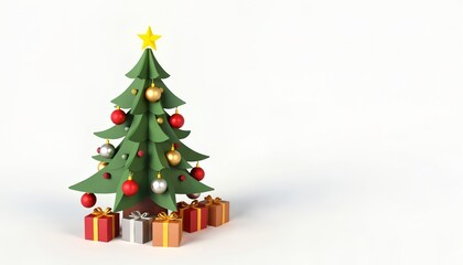 Naklejka premium A 3D illustrated Christmas tree adorned with red, gold, and silver ornaments, with a glowing star at the top.