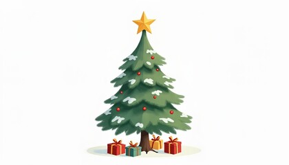 Fototapeta premium An illustrated Christmas tree with a glittering star topper, detailed with snow-covered branches and little gift boxes beneath.