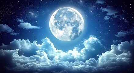 A beautiful full moon shines in the night sky, surrounded by clouds and stars.
