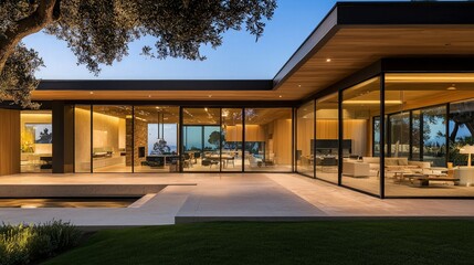 Obraz premium Modern home with large windows overlooking a grassy lawn and pond.