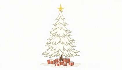 Obraz premium An illustrated Christmas tree with a glittering star topper, detailed with snow-covered branches and little gift boxes beneath.
