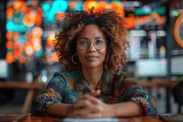 Empowered woman leading a vibrant team meeting in a modern workspace filled with colorful digital displays