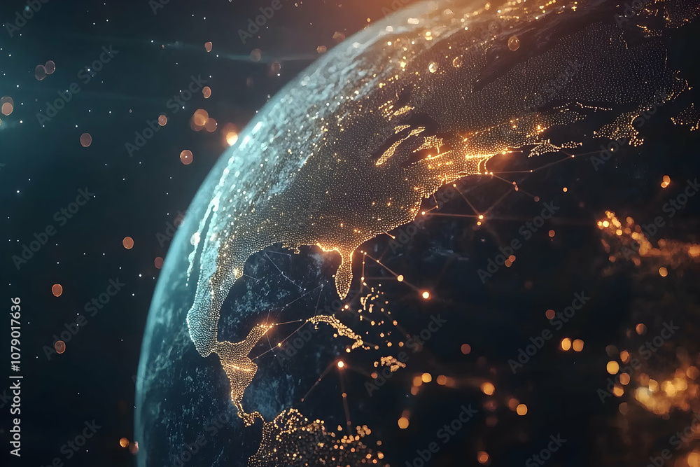 Poster global network with glowing fiber optic lines and digital earth in space view