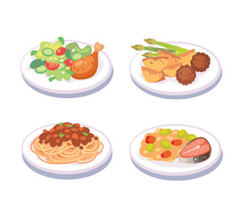 Vector set collection of various basic dishes presented on individual plates. Restaurant Meal, dishes served on plates. Flat design. Breakfast or lunch menu. Images of traditional food, meals 