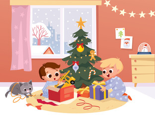 kids children little brothers sitting near Christmas tree opening christmas gift boxes, exchanging presents with spectacular snow fall behind the window. Vector illustration