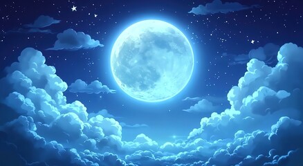 A beautiful full moon shines in the night sky, surrounded by clouds and stars.