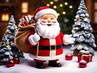 Jolly Santa Claus with Bag of Gifts in Snowy Winter Scene