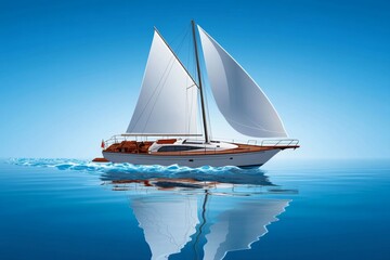 Fototapeta premium 2D illustration of a sailboat on calm ocean water, with gentle waves and a white background