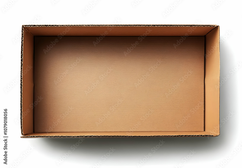 Poster top view of an empty cardboard box with corrugated edges, isolated on white background.
