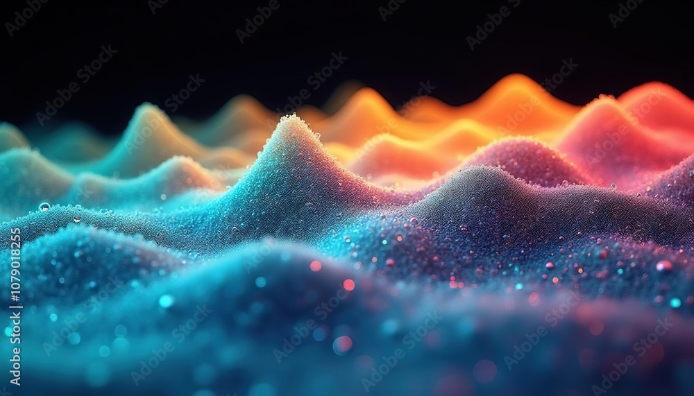 Poster abstract colorful wave pattern with textured peaks in a dark background, resembling a rainbow landsc