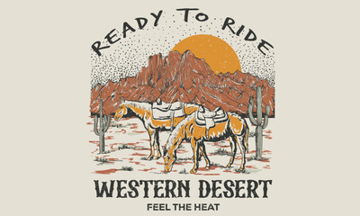 Mountain and horse artwork. Ready to ride artwork, Western desert adventure art. Arizona vintage print design for t shirt.