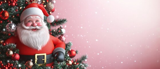 A santa Claus is sitting in a tree with a red background
