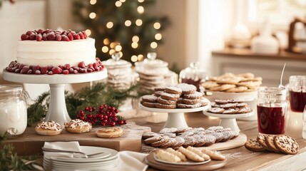 Fototapeta premium A festive table filled with Christmas treats, including a cake topped with raspberries and various cookies