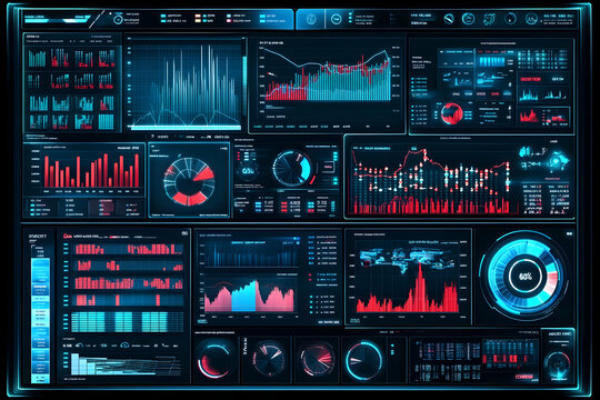 Holographic financial dashboard with glowing blue charts and high-tech data visualization