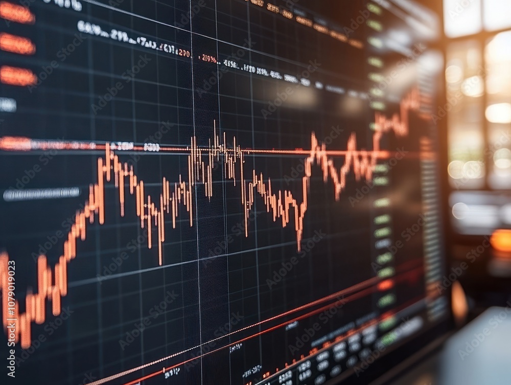 Poster closeup financial chart with uptrend line candlestick graph in stock market on monitor background