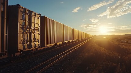 Fototapeta premium A train moving through an open landscape during sunset, showcasing a serene travel experience with warm colors illuminating the horizon.