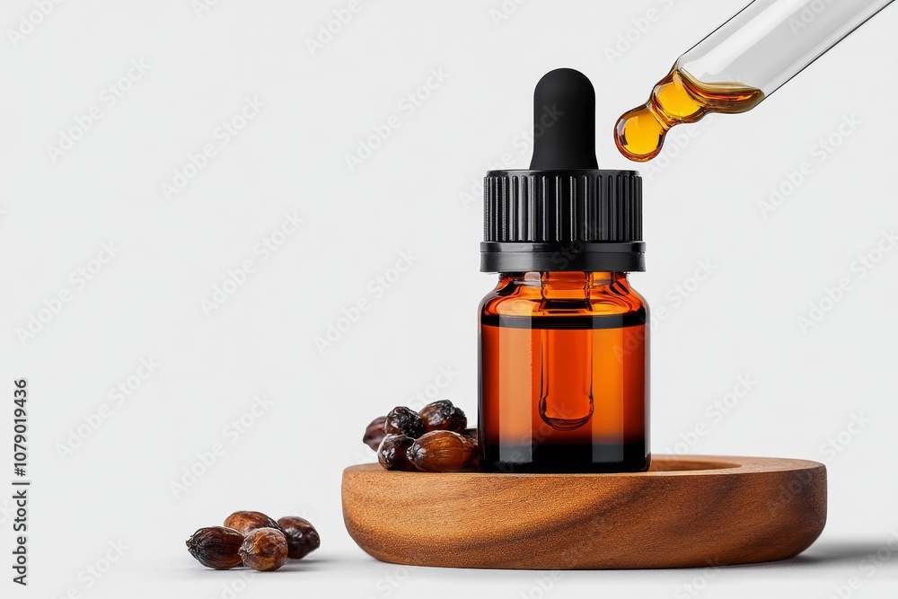 Poster a clean outline of an essential oil bottle with a simple drop icon, on a plain background