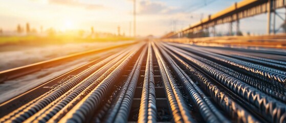 An upward view of railway tracks stretching into the horizon at sunset, showcasing the serene beauty of transportation's industrial landscape.