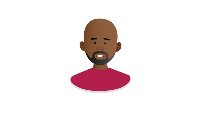 2D Illustrated black male vector character talking head, different lengths of time animation. Mouth moving. Pauses for easy cutting. On white background.	