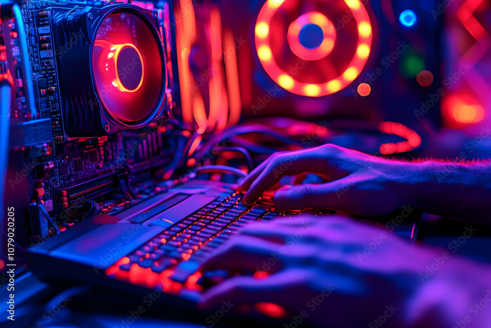 Poster cryptocurrency mining rig with laptop and server farm in a high-tech environment