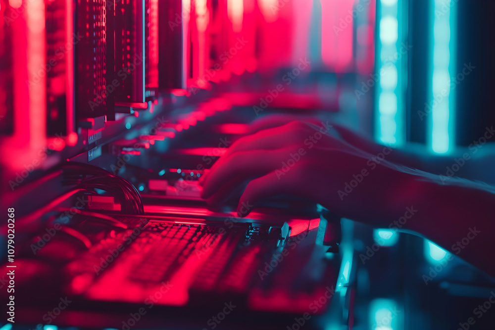 Poster cryptocurrency mining rig with laptop and server farm in a high-tech environment