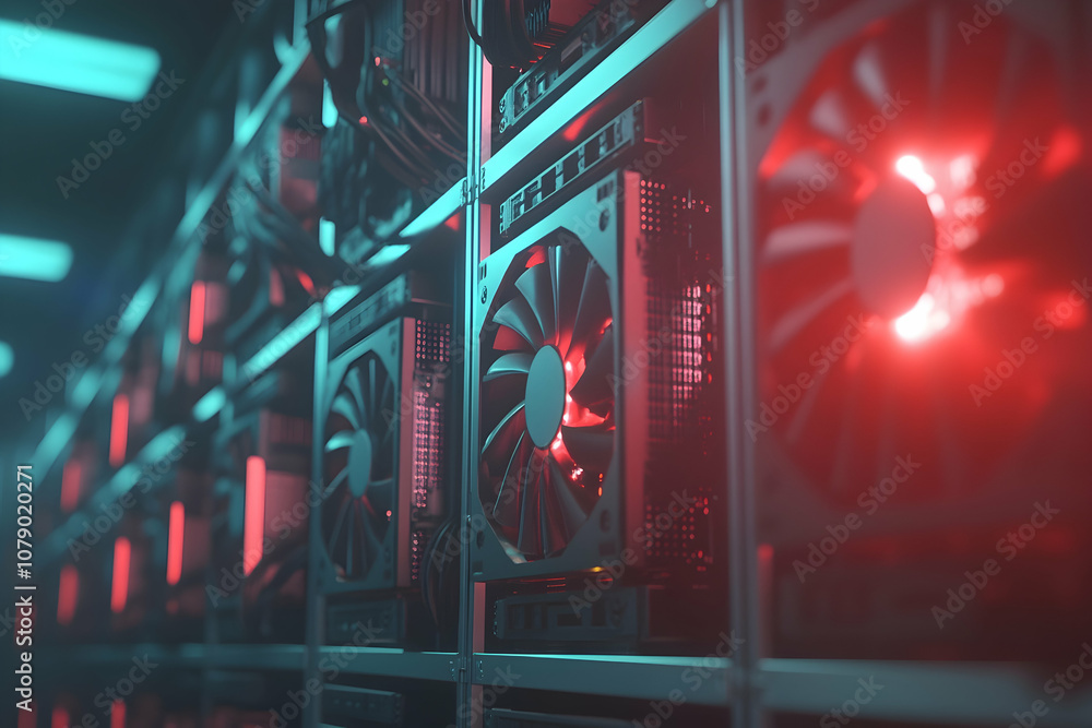 Aufkleber cryptocurrency mining rig with laptop and server farm in a high-tech environment