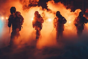 Fototapeta premium A group of figures in heavy protective gear walks through thick, orange smoke during a nighttime operation in a remote location